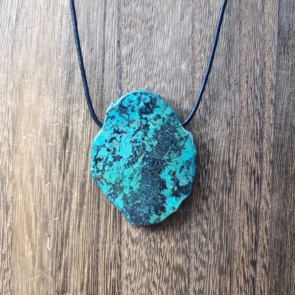 20 Inch Sterling Silver & Leather Cord Heavy Blue Green Black Stone Necklace